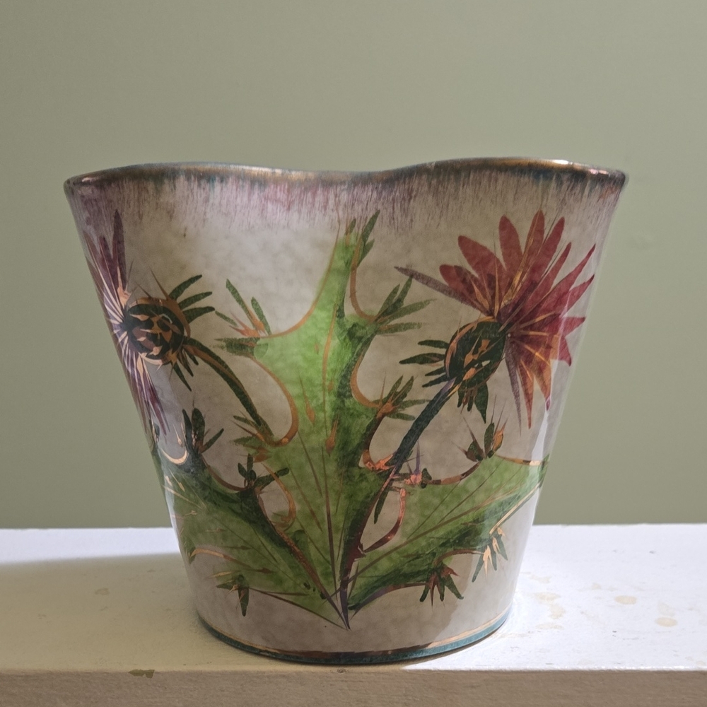 Italian Thistle Vase Hand Painted with Green and Purple Accents